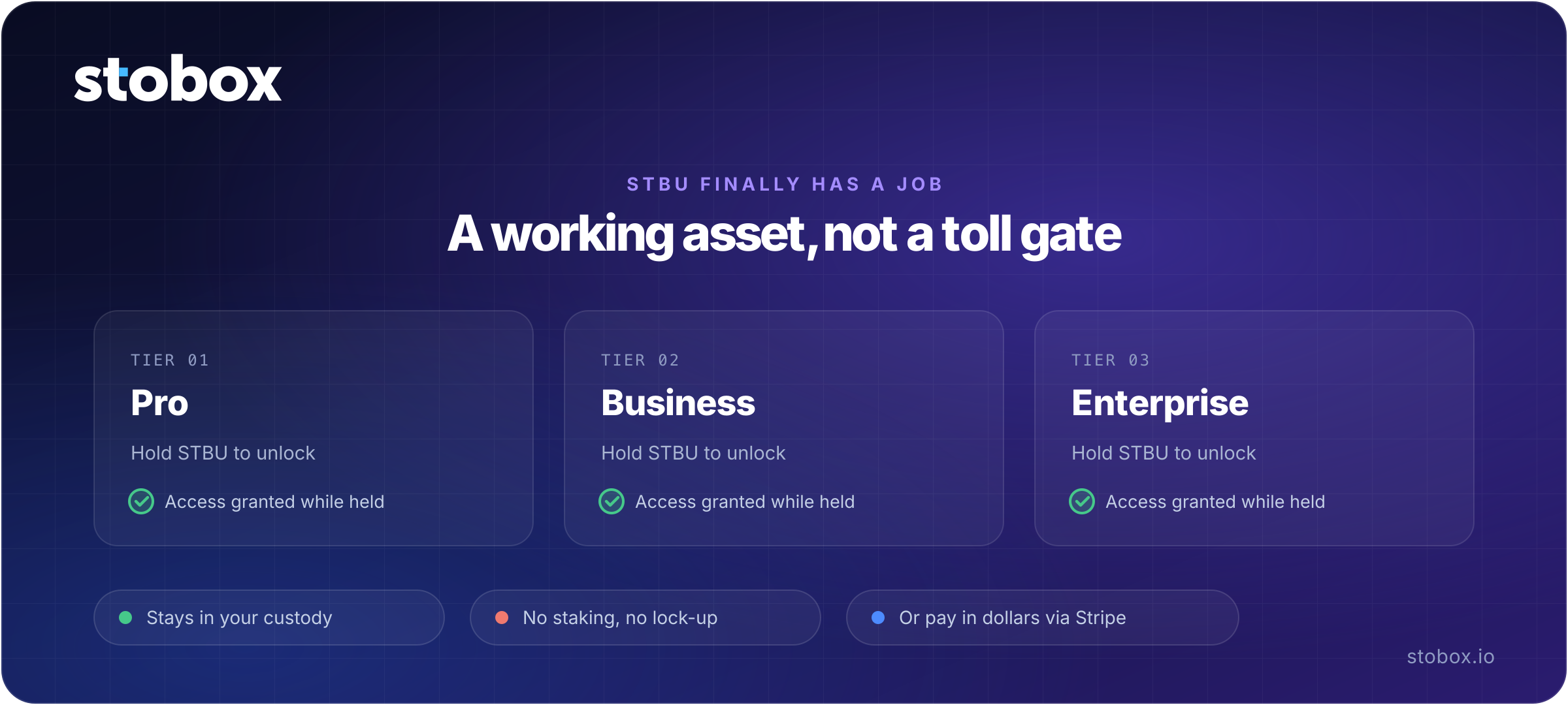 STBU utility tiers – holding STBU in your own wallet unlocks Pro, Business, and Enterprise access across Intelligence, Raisable, and Compass